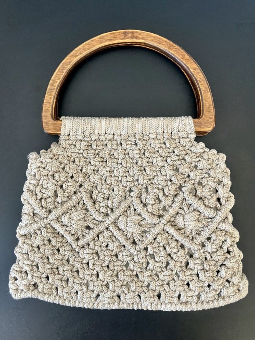 Like New Vintage Boho Crochet Handbag with Wood Handles '70s Vibes Lined Beige